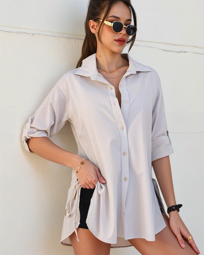 Royalfashion Довга жіноча смугаста бавовняна сорочка з зав'язкою на поясі