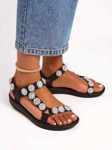 Sandały damskie Royalfashion Perseida czarne na platformie z perełkami