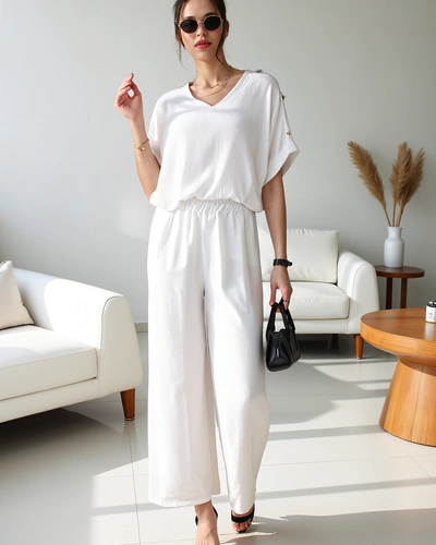 Royalfashion Жіночий повсякденний комплект з коротким рукавом та широкими штанами