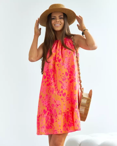 Royalfashion Помаранчево-рожева жіноча коротка сукня в квіточку