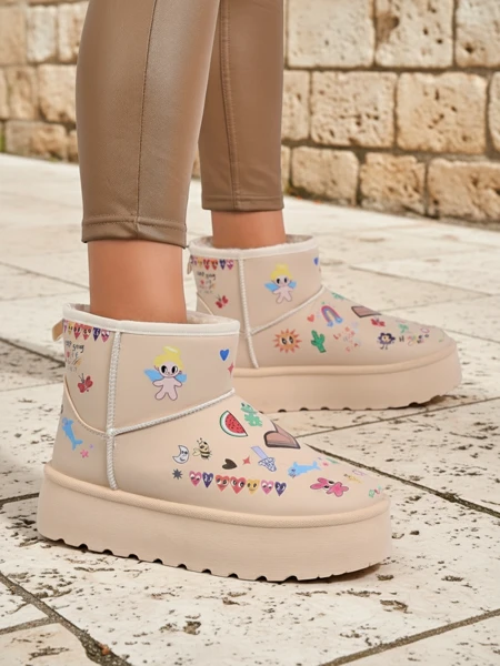 Утепленные ботинки Callisto Angelico с детскими рисунками на платформе, бежевые