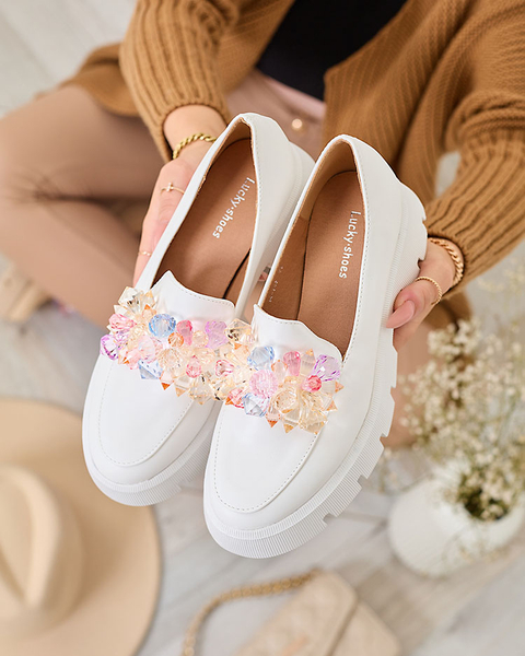 Royalfashion Білі жіночі мокасини з різнокольоровими кристалами Crystal Glam