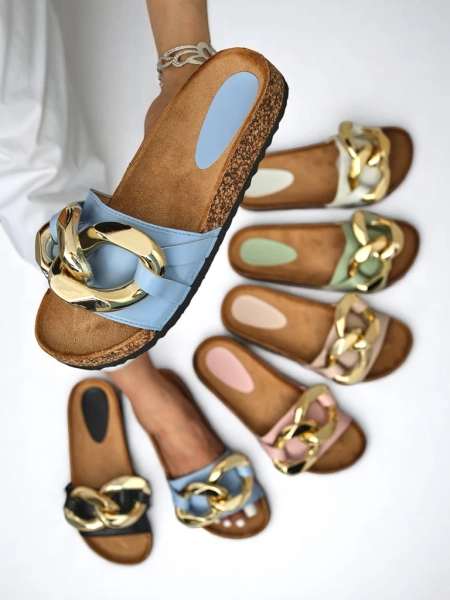 Женские сандалии Callista Royalfashion с цепочкой – экрю/синие, плоский каблук