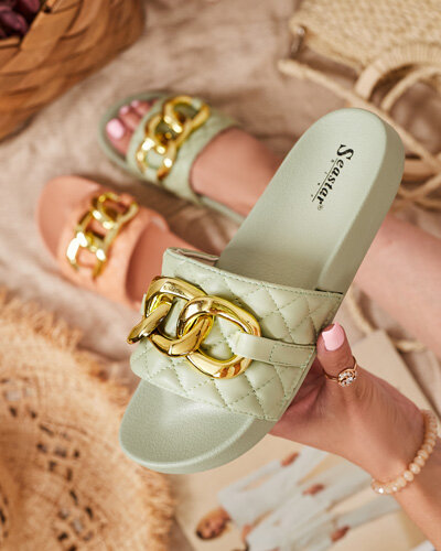 Женские зеленые стеганые тапочки с золотой цепочкой Eteris - Обувь