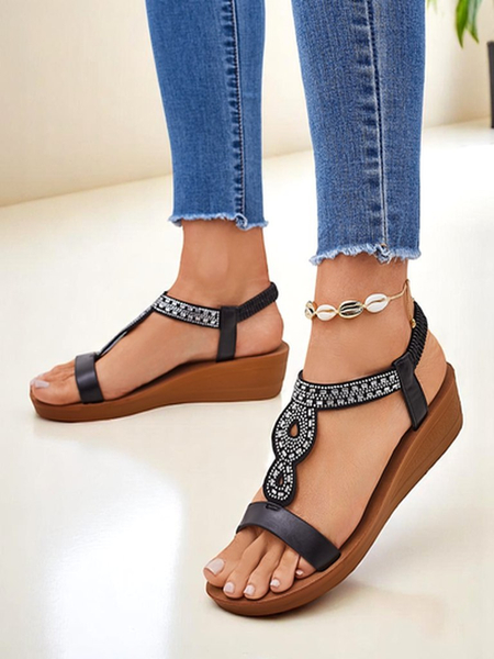 Сандалии на танкетке Perseida Royalfashion черные из эко-кожи с кристаллами 4,5cm