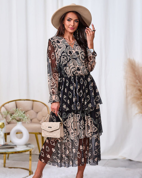 Royalfashion Черно-бежевое платье-миди из сетки с принтом
