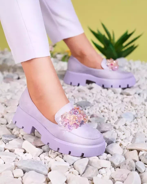 OUTLET Royalfashion Фіолетові жіночі мокасини з різнокольоровими кристалами Crystal Glam