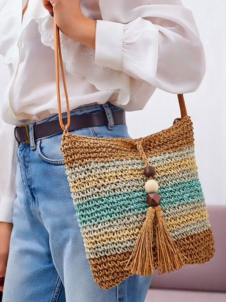 Royalfashion Маленька жіноча солом'яна сумка в смужку з підвіскою Mini