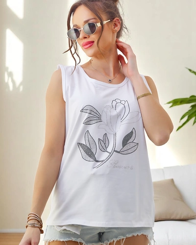 Royalfashion Хлопковый женский топ без рукавов с стразами ЦВЕТЫ
