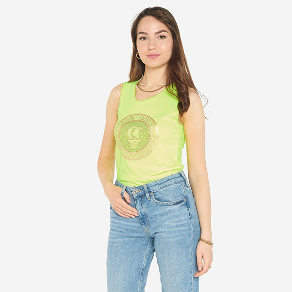 Неоновый желтый топ на бретелях с принтом и цирконами