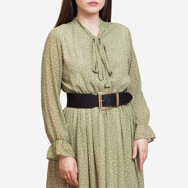 Чорний жіночий широкий ремінь з великою золотою пряжкою з цирконами - Аксесуари