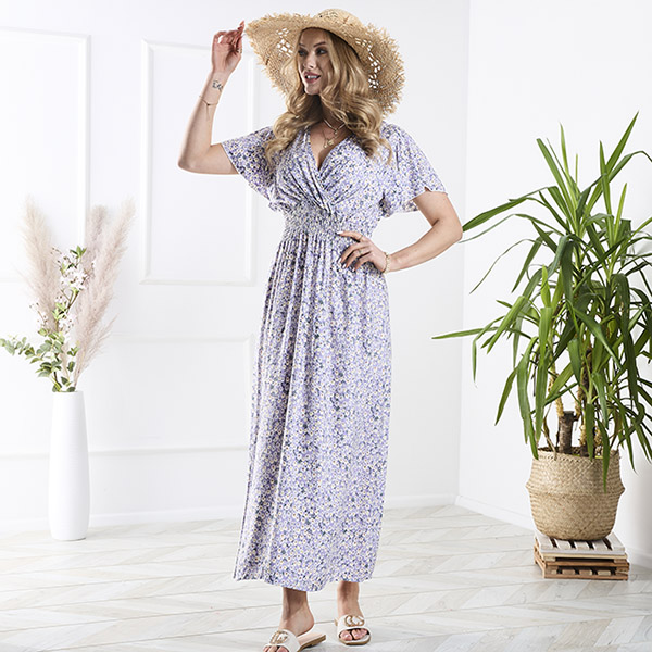 Длинное женское платье фиолетового цвета с мелкими цветами - Одежда