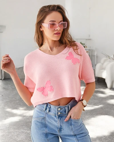 Royalfashion Жіночий бавовняний короткий светр з метеликами