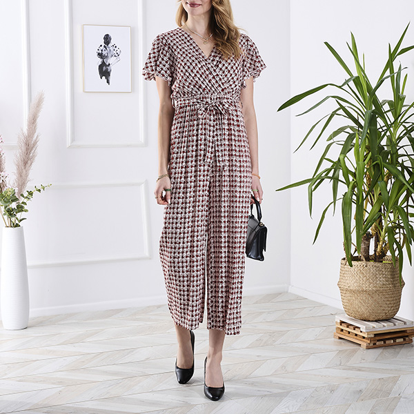 Узорчатый длинный женский комбинезон с переплетом в красно- Одежда