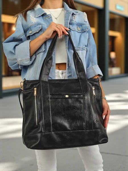 Женская сумка из эко-кожи Nerina – черная сумка-шоппер итальянского стиля на молнии