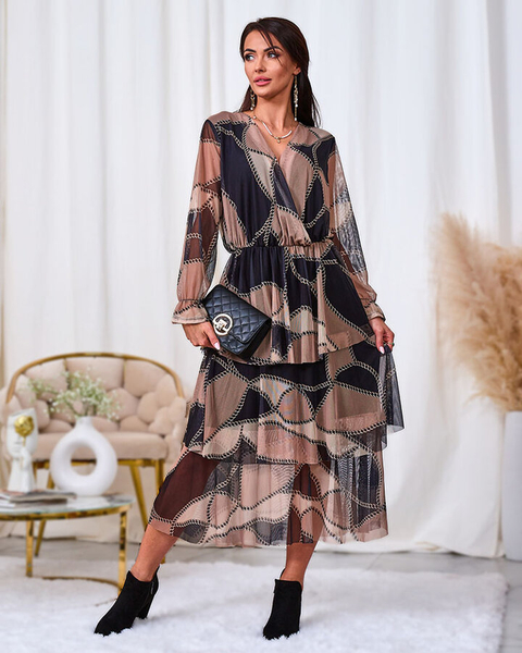 Royalfashion Чорна та світло-коричнева сукня міді з сітки з принтом