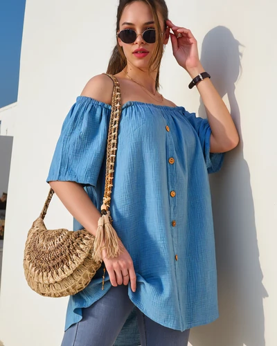 Royalfashion Жіноча бавовняна блузка в іспанському стилі з декоративними ґудзиками