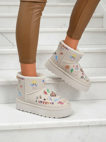 Ботинки Lemuria - Кремовые Сноубутсы Doodle на Толстой Подошве Furrini