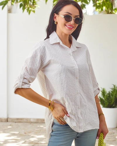 Royalfashion Жіноча бавовняна смугаста сорочка з зав'язкою внизу